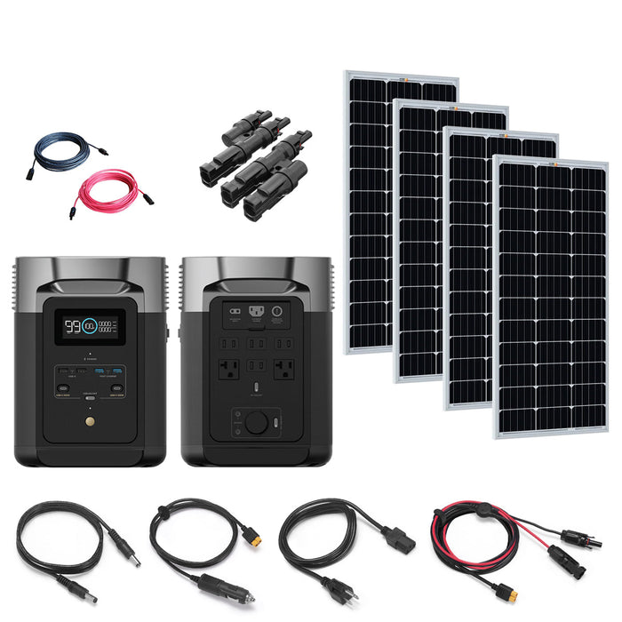 EcoFlow DELTA 2 1.8kW / 1,024wH Portable Power Station | 4 x 100W 12V Rigid Mono Solar Panels | Total Solar Kit