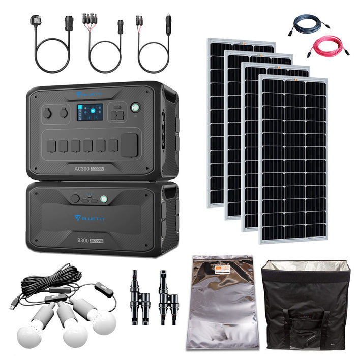 Bluetti AC300 3000W/3072Wh Solar Generator Kit | 4 x 200 Watt 12V Rigid Mono Solar Panels | 1 x B300 3072Wh | Complete Solar Kit