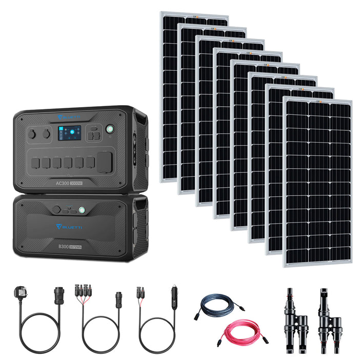 Bluetti AC300 3,000W/3,072Wh Solar Generator Kit | 8 x Mono Solar Panels (100W or 200W) | 1 x B300 3,072Wh Battery | Complete Solar Kit